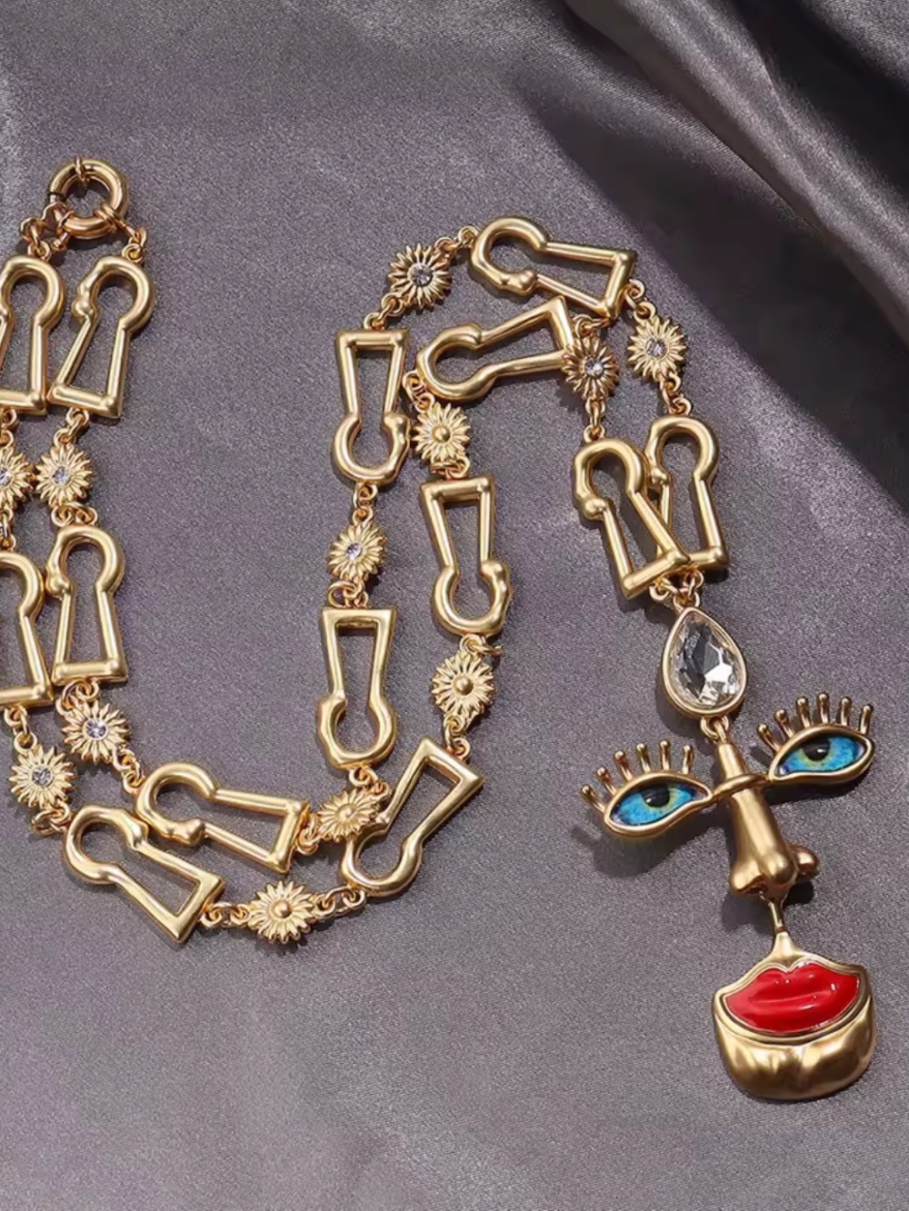 Surrealism Golden Abstract Face Long Necklace
